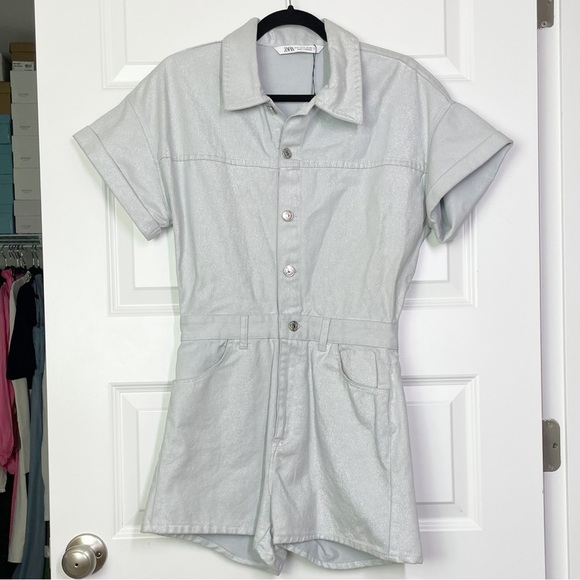 Zara 100% Cotton Denim Romper in Metallic Silver Gray New Without Tags Women’s S - Picture 3 of 9